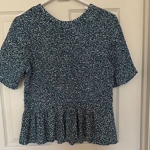 Ann Taylor Teal and White Printed Peplum Short Sleeve Blouse